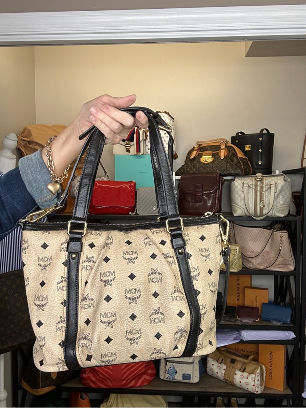 MCM Visetos Satchel Bag Cream Black Leather Trim Crossbody Medium Tote w/ COA - Picture 7 of 15